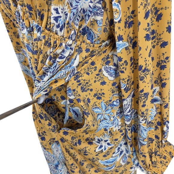 Free People Soli Plunge Neck Yellow Floral Long Sleeve Mini Dress Pockets Size L - Picture 7 of 12